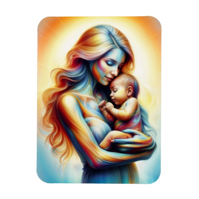 Imán Mamá sosteniendo arte de abrazo luminoso (Vertical)