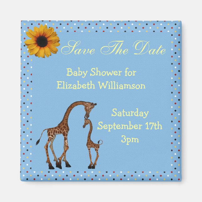 Imán Mamá y bebe jirafa azul salven la fecha Baby Showe (Frente)