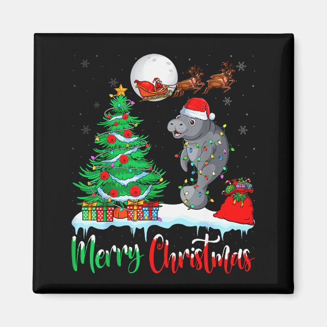 Imán Manatee Santa Hat Xmas Tree Merry Christmas Manate (Frente)