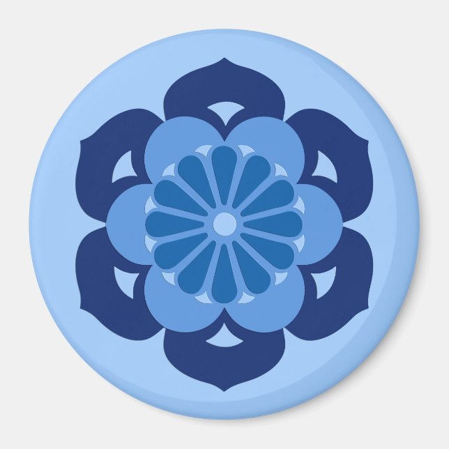 Imán Mandala de flores Lotus, índigo y azul claro (Frente)