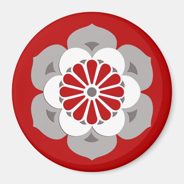 Imán Mandala de flores Lotus, rojo oscuro, gris y blanc (Frente)