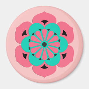 Imán Mandala de flores Lotus, rosa coral y turquesa