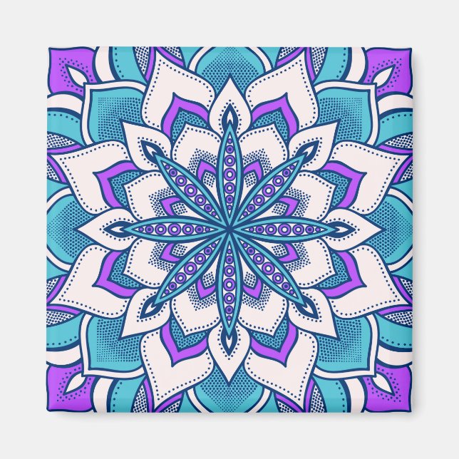 Imán Mandala de flores turquesa moradas (Frente)