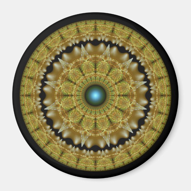 Imán Mandala dorada fractal brillante (Frente)
