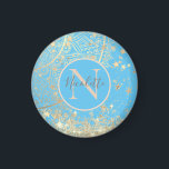 Imán Mandala encantadora con Monograma de estrellas de<br><div class="desc">Un elegante lotus mandala ornamentado con oro sobre un fondo azul turquesa con estrellas doradas lloviendo hacia abajo donde en el fondo está el dorado purpurinoso que bordea el cristal extra. Las vibraciones elegantes y caprichosas. Se puede personalizar con una letra y un nombre o logotipo en el centro de...</div>