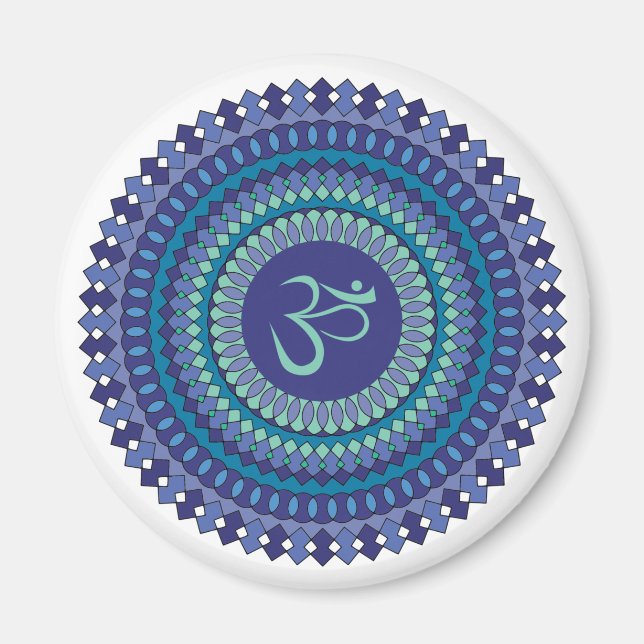Imán Mandala espiritual Om Purple Aqua Blue Kaleidoscop (Frente)