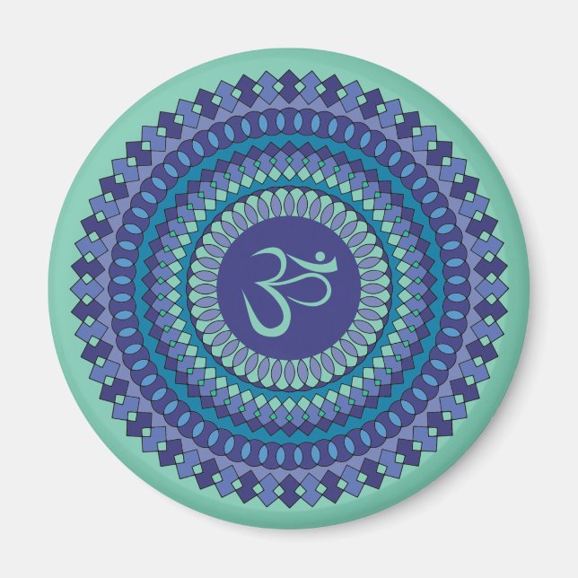 Imán Mandala espiritual Om Purple Aqua Blue Kaleidoscop (Frente)