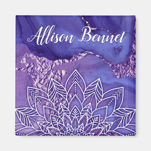 Imán Mandala personalizada de color morado blanco (Frente)