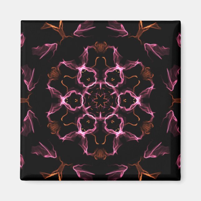 Imán Mandala rosa y Naranja sobre fondo negro (Frente)