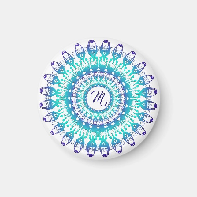 Imán Mandala verde azulada étnica. (Frente)