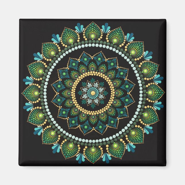 Imán Mandala verde | Pintado a mano | Geometría sagrada (Frente)