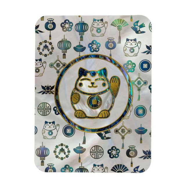 Imán Maneki Neko Lucky cat en perlas y abulón (Vertical)