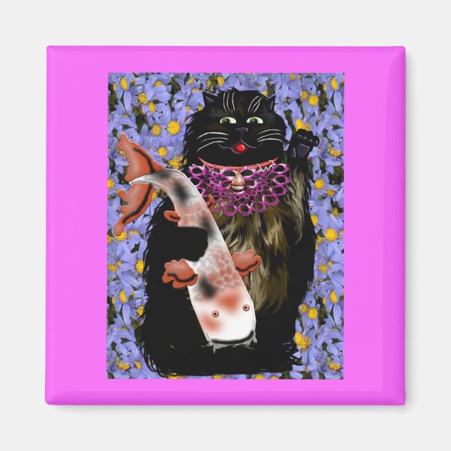 Imán maneki neko negro con koi (Frente)