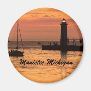 Imán Manistee, Michigan Lighthouse Sunset Magnet