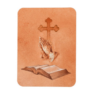 Imán Manos de rogación con la cruz y la biblia