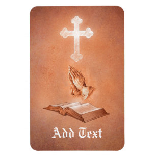 Imán Manos de rogación con la cruz y la biblia