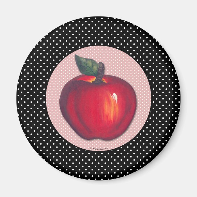 Imán Manzanas rojas blancas en puntos de polka negro (Frente)