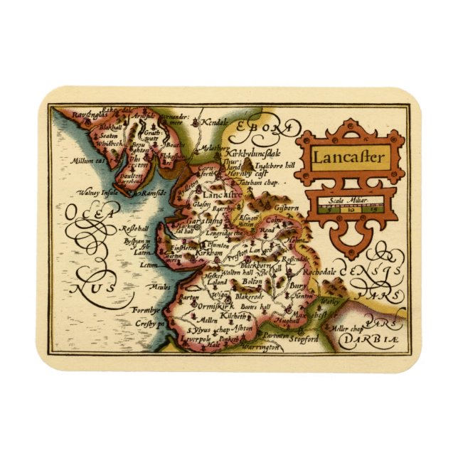 Imán Mapa Anticuario del Condado de Lancashire Inglater (Horizontal)