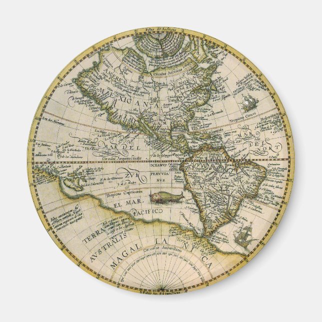 Imán Mapa antiguo, 1596, América Sive Novus Orbis (Frente)