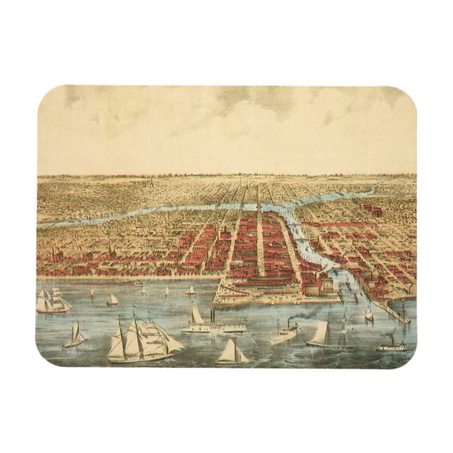 Imán Mapa Antiguo de Chicago, Calle LaSalle y Río (Horizontal)