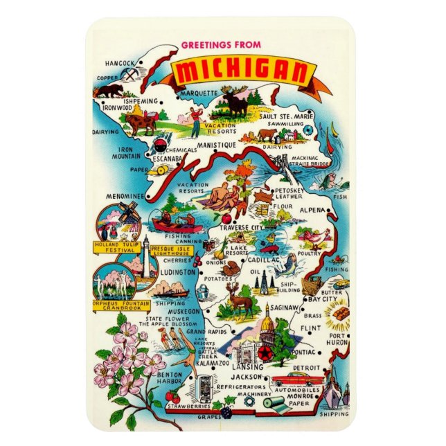 Imán Mapa antiguo de Michigan 4 x 6 (Vertical)