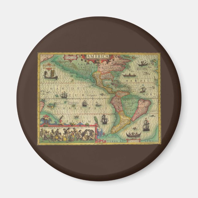 Imán Mapa Antiguo del Mundo de las Américas, 1606 (Frente)