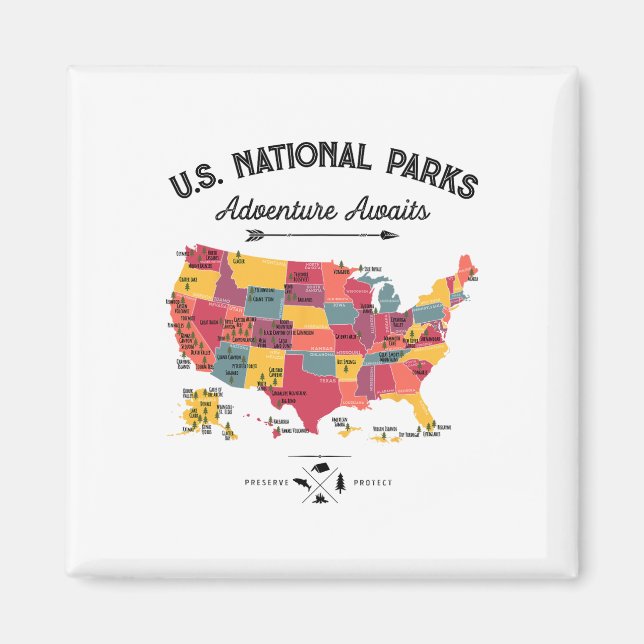 Imán Mapa de 63 Parques Nacionales Us Parque Retro Vint (Frente)