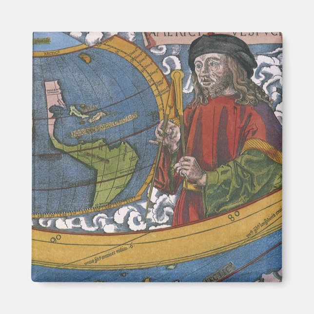 Imán Mapa de América con el explorador Amerigo Vespucci (Frente)