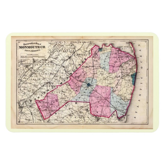 Imán Mapa de Antigüedades, Condado de Monmouth, NJ 1872 (Horizontal)