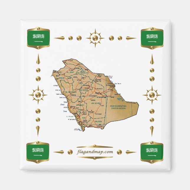 Imán Mapa de Arabia Saudita + Mapa de banderas (Frente)