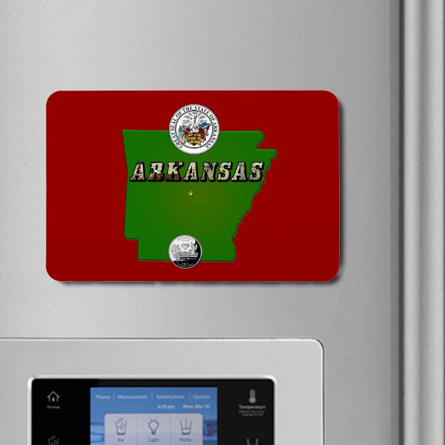 Imán Mapa de Arkansas, Sello y Barrio Faux Estatal (Arkansas Map, Seal and State Faux Quarter Flexible Magnet)
