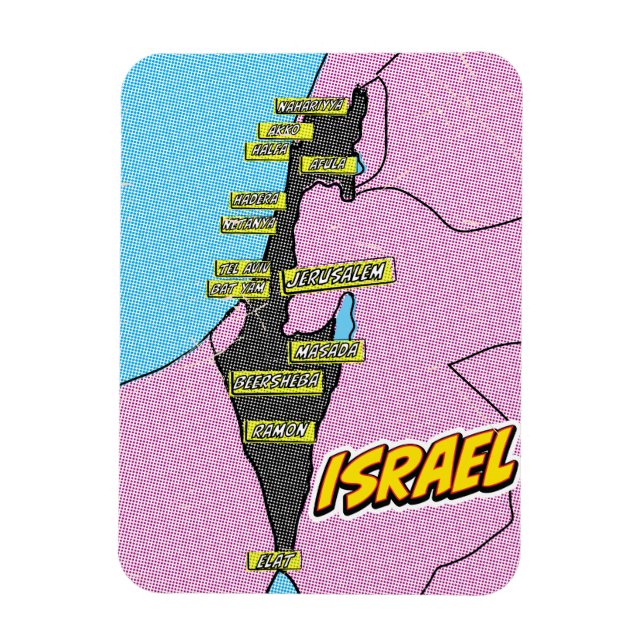 Imán Mapa de arte pop ilustrado de Israel (Vertical)