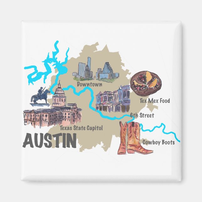 Imán Mapa de Austin Texas (Frente)
