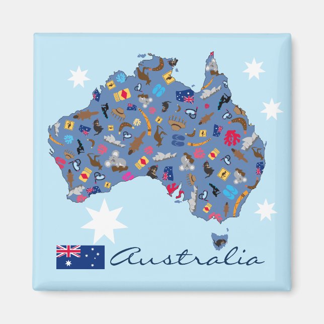 Imán Mapa de Australia con artículos culturales (Frente)