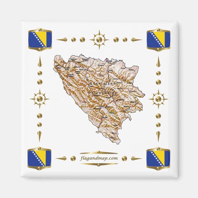 Imán Mapa de Bosnia Herzegovina + Mapa de bandera (Frente)