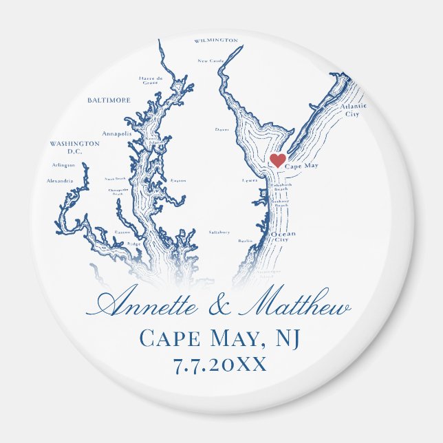 Imán Mapa de Cape May NJ Favor de Boda Recuerdo  (Frente)