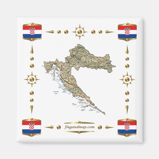 Imán Mapa de Croacia + Magnate de banderas (Frente)