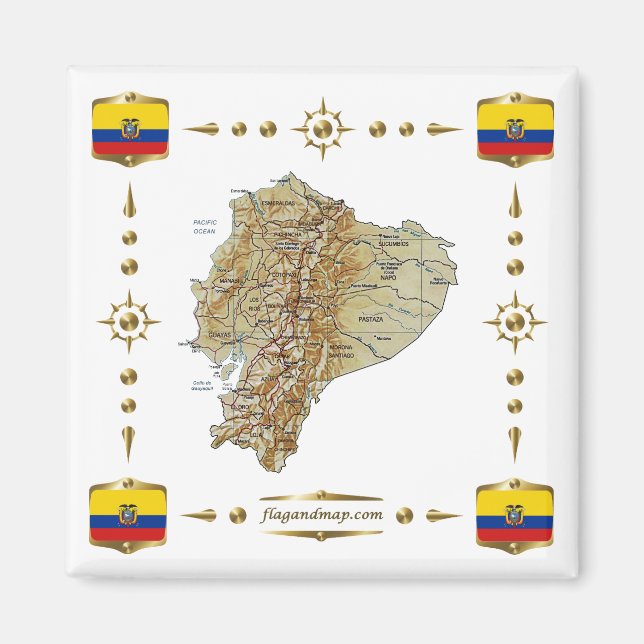 Imán Mapa de Ecuador + Mapa de Banderas (Frente)