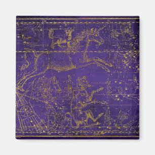 Imán Mapa de estrellas vintage ilustrado púrpura y dora