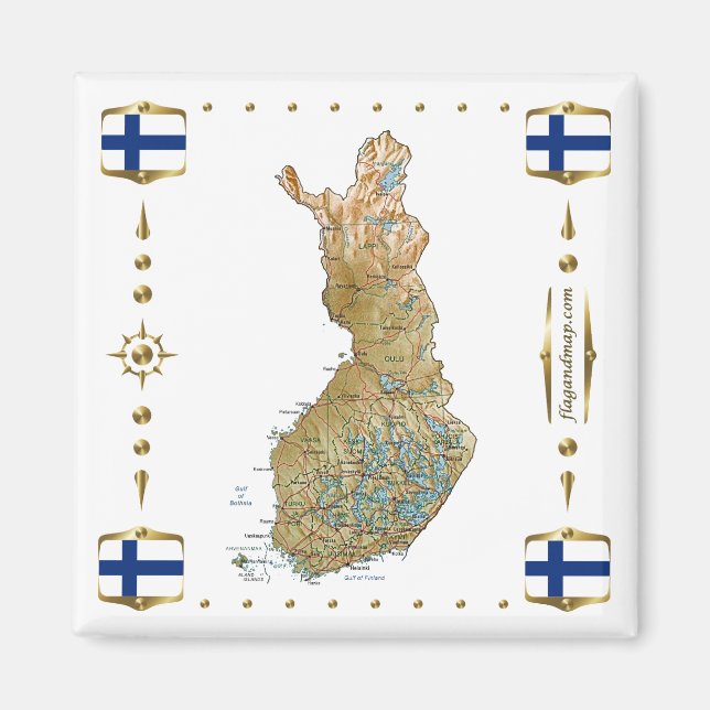 Imán Mapa de Finlandia + Mapa de banderas (Frente)
