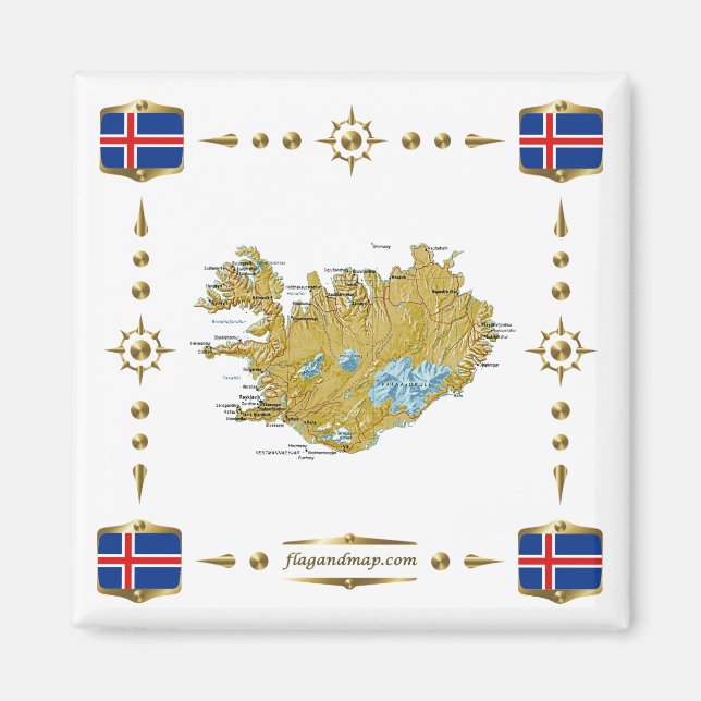Imán Mapa de Islandia + Mapa de bandera (Frente)