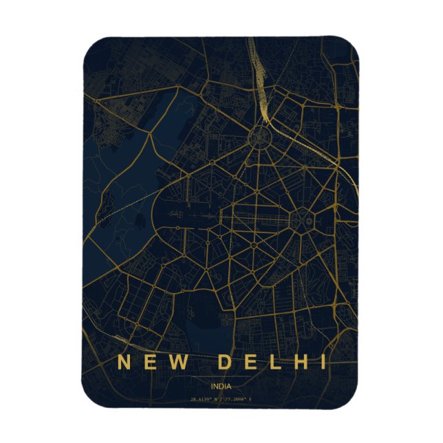 Imán Mapa de la ciudad de Nueva Delhi, India, diseño mi (Vertical)