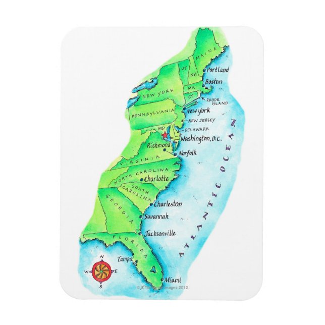 Imán Mapa de la costa este de Estados Unidos (Vertical)
