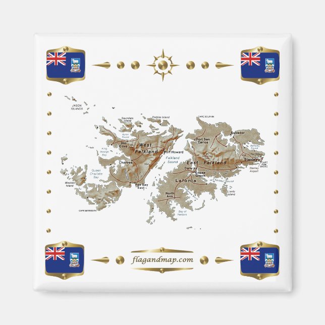 Imán Mapa de las Islas Falkland + Mapa de bandera (Frente)