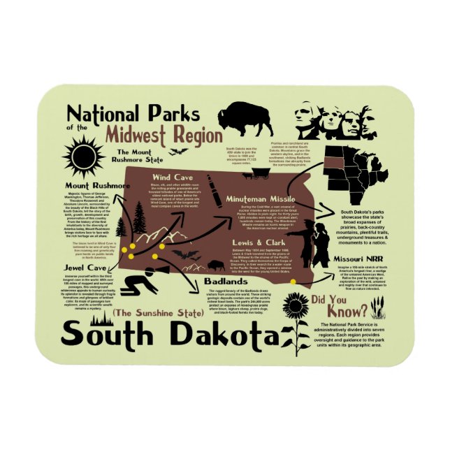 Imán Mapa de los parques nacionales de Dakota del Sur (Horizontal)