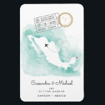 Imán Mapa de México | Cancún | Boda de destino<br><div class="desc">Esto ahorra el imán de fecha es la forma perfecta de anunciar sus planes de boda de destino! Presenta un mapa de México sobre un fondo acuático con un pequeño corazón en el mapa cerca de Cancún. Hay dos sellos de cancelación de pasaportes que revelan la fecha de tu gran...</div>