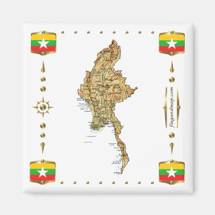 Imán Mapa de Myanmar + Mapa de bandera