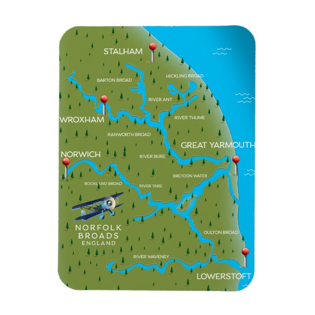 Imán Mapa de Norfolk Broads Inglaterra. (Vertical)