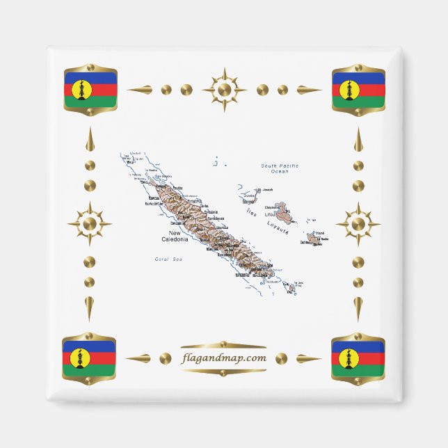 Imán Mapa de Nueva Caledonia + Mapa de banderas (Frente)