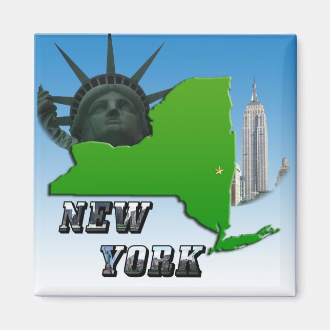 Imán Mapa de Nueva York, estatua de la libertad, monume (Frente)